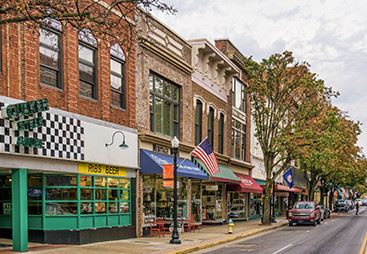Brick buildings next to a road